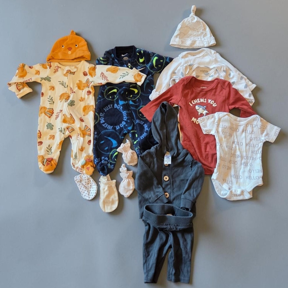 Nike Carters Baby Boy Newborn Bundle Fleece Sleeper Romper Bodysuit Lot 14pc NB